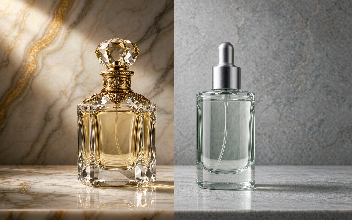 Ornate gold bottle versus minimalist bottle