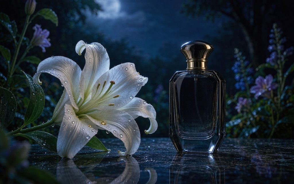 White lily and elegant perfume bottle