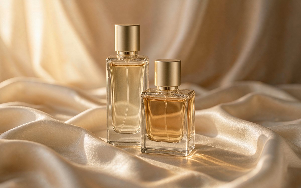 Two perfume bottles on silk for layering