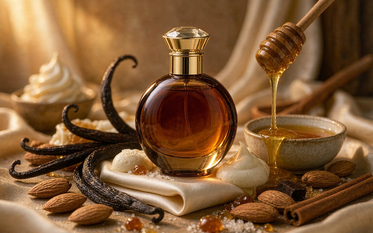 Gourmand perfume with vanilla, almond and honey