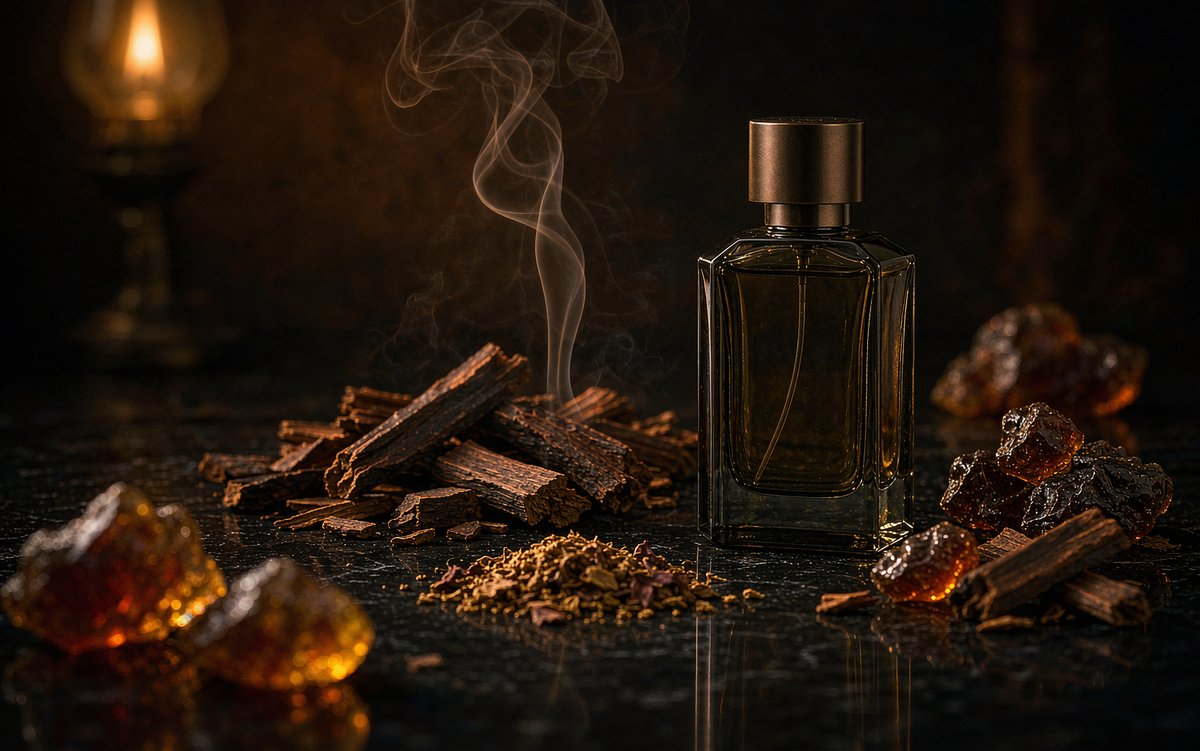 Oud wood, amber resin and incense smoke