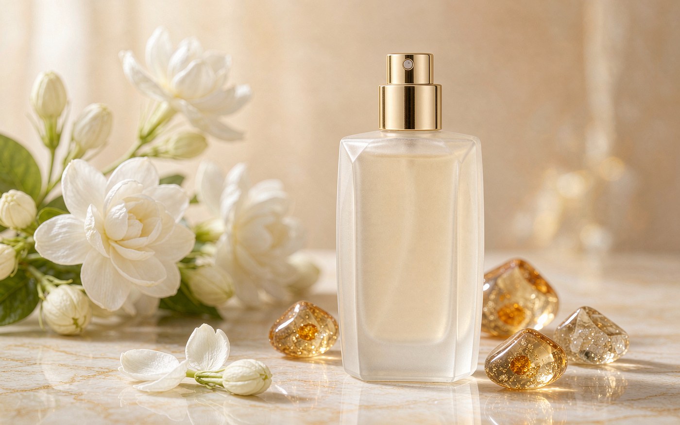 Elegant perfume bottle with jasmine and amber on marble