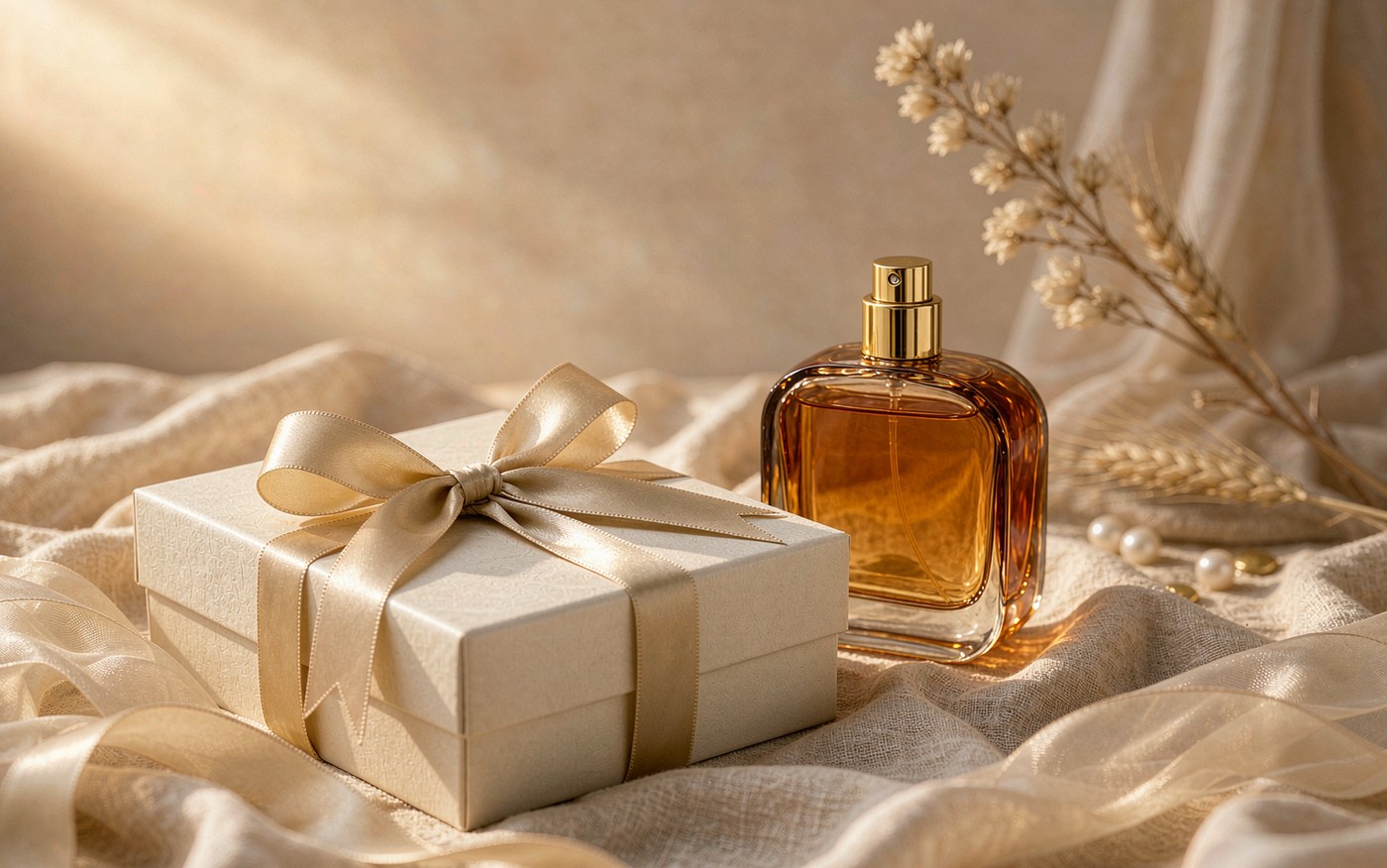 Luxury perfume beside a wrapped gift box on linen, autumn still life