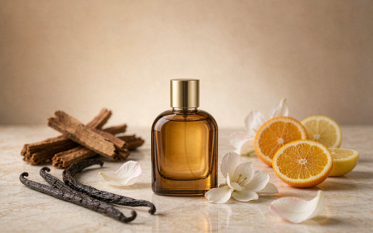 Luxury perfume bottle with fragrance ingredients