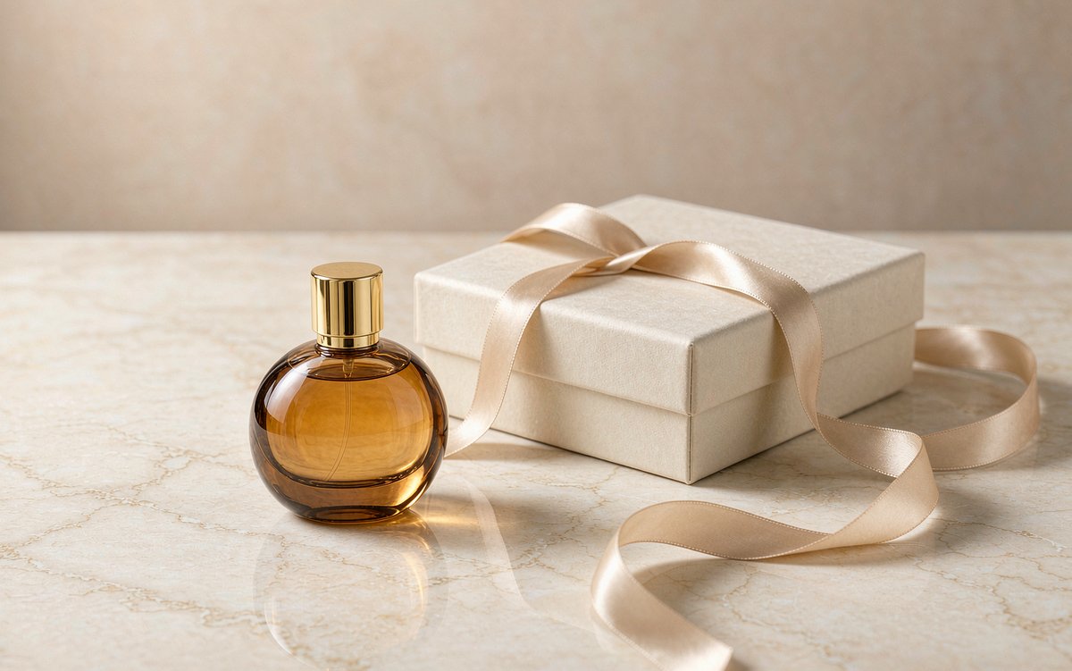 Perfume bottle with wrapped gift box and silk ribbon