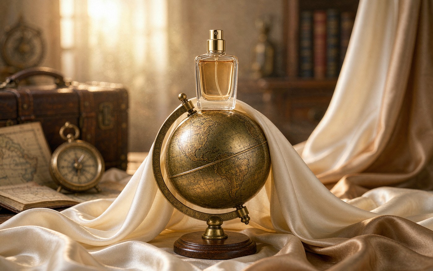 Luxury perfume resting on an antique brass globe in warm autumn light