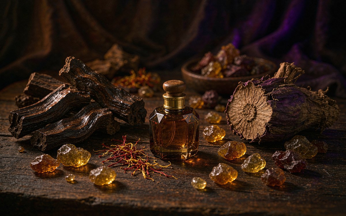 Rare ingredients: oud, iris root, saffron, amber