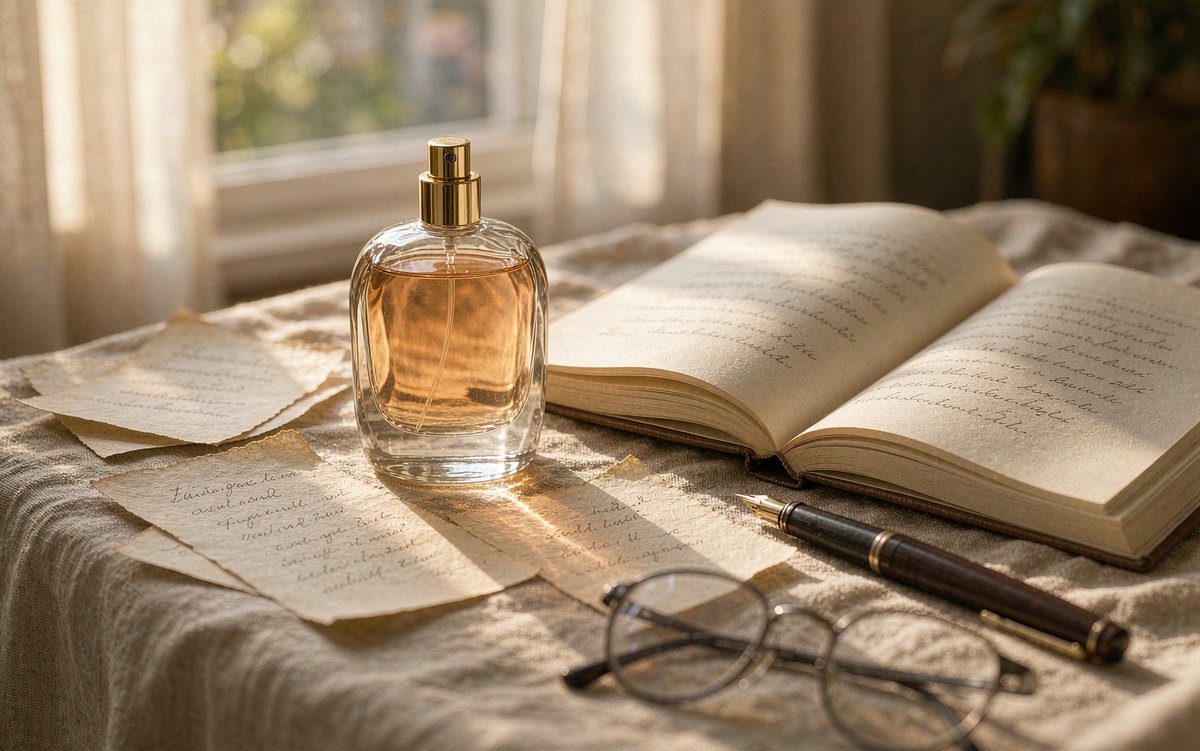 Perfume bottle with notebook and reading glasses