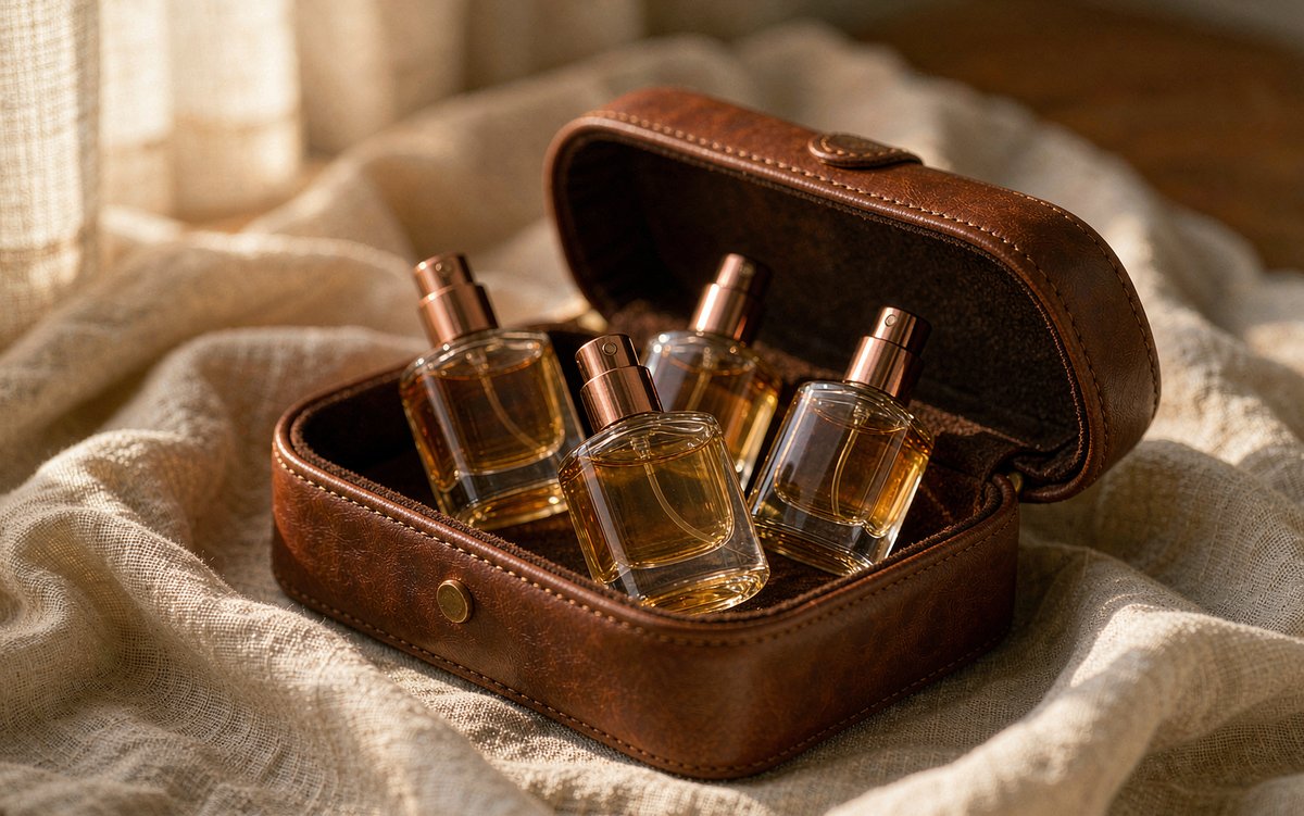 Travel size perfume bottles in leather case