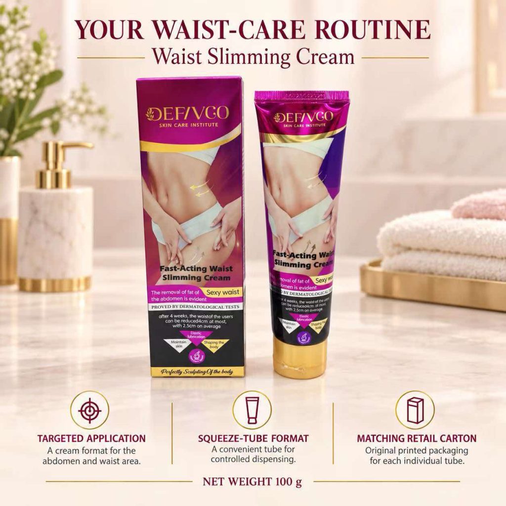 Waist Slimming Cream tube and carton on a marble ledge