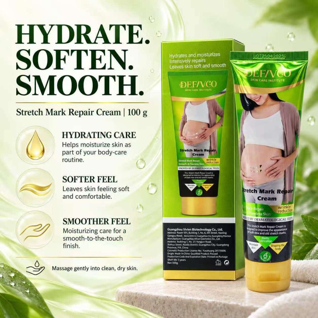 Stretch Mark Repair Cream tube and retail carton on a bathroom ledge