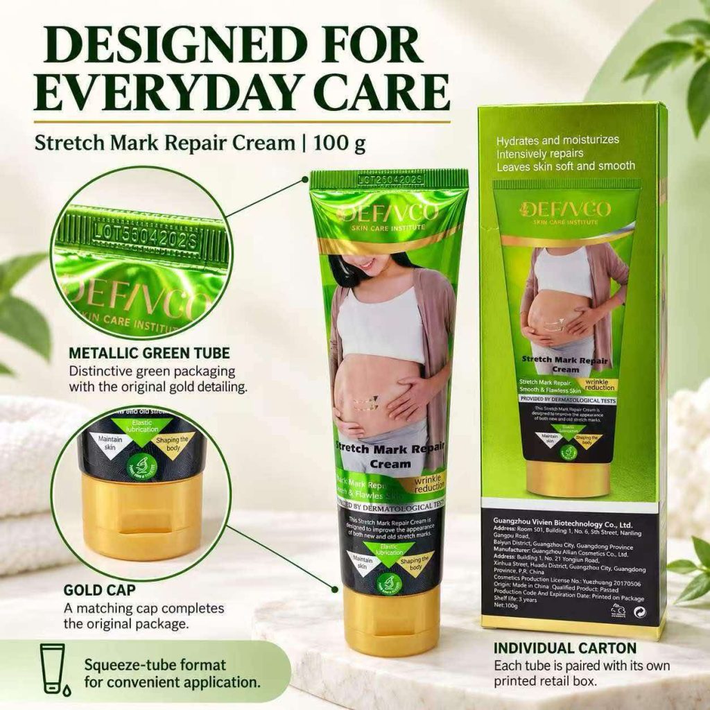 Stretch Mark Repair Cream tube and retail carton with packaging details