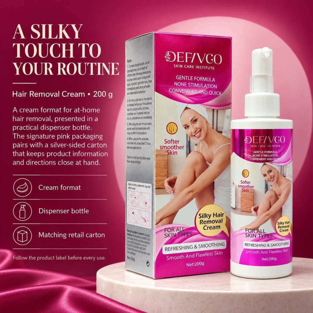 Silky Hair Removal Cream bottle and carton with cream-format details