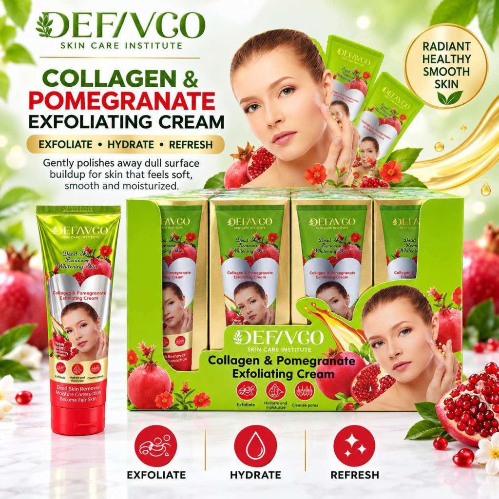 Collagen & Pomegranate Exfoliating Gel tubes with pomegranate fruit